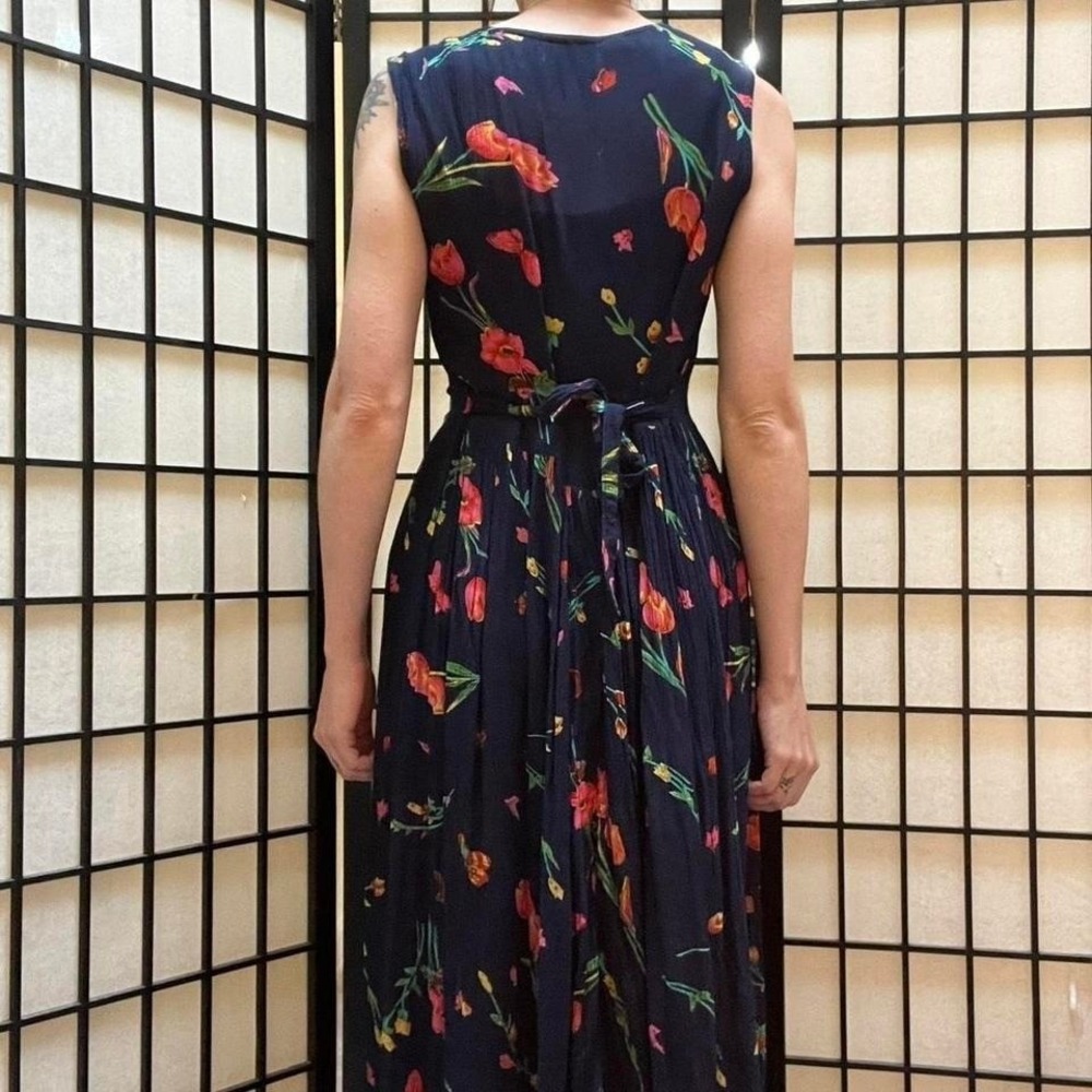 Navy Blue Maxi Floral Button Down Dress 24 Karat VTG y2k One Size - Picture 2 of 7